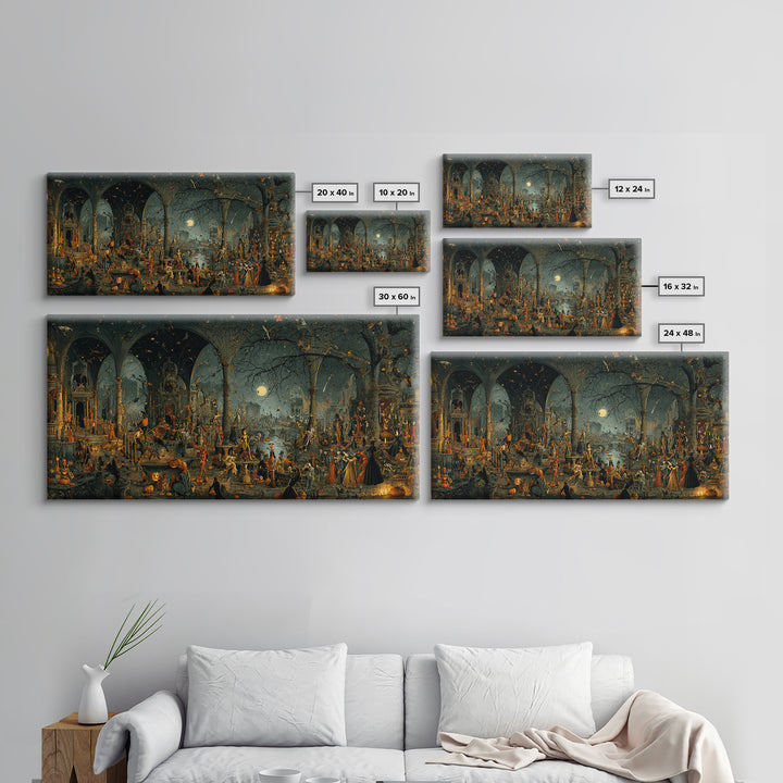 Halloween On Another Planet, Medieval Grotesque Art, Wide Panoramic Art, Gothic Horror Wall Art, Framed Canvas Print