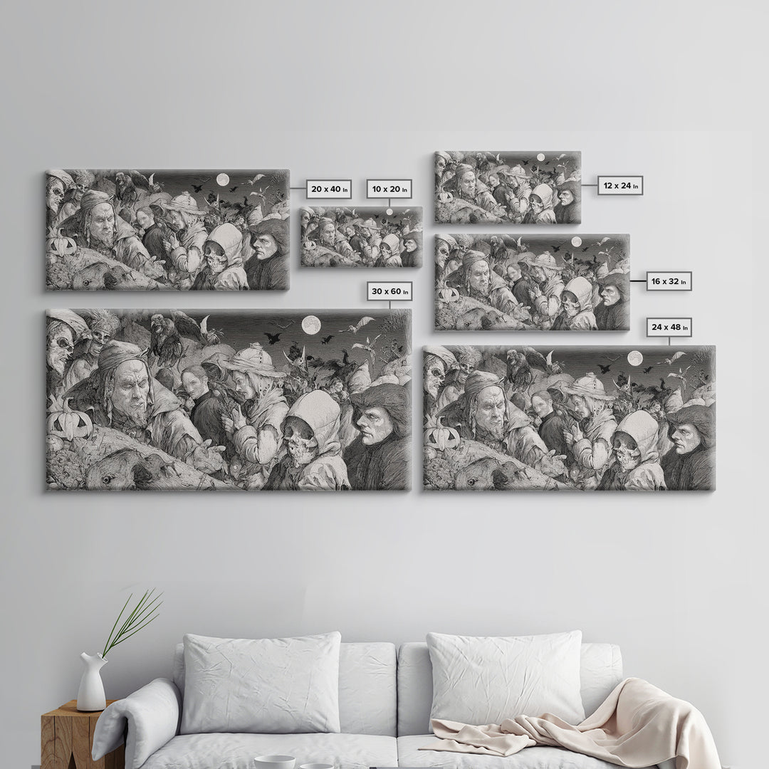 Halloween On Another Planet, Renaissance Engraving Art, Wide Panoramic Art, Dark Fantasy Wall Art, Framed Canvas Print, Halloween Wall Art