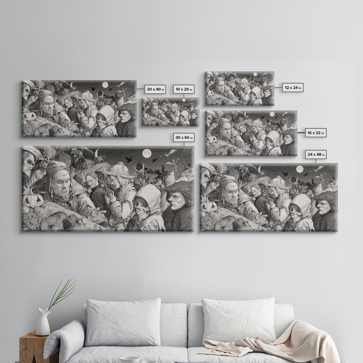 Halloween On Another Planet, Renaissance Engraving Art, Wide Panoramic Art, Dark Fantasy Wall Art, Framed Canvas Print, Halloween Wall Art