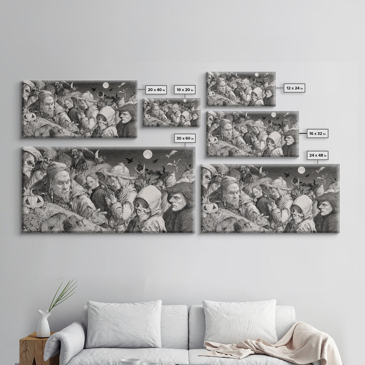 Halloween On Another Planet, Renaissance Engraving Art, Wide Panoramic Art, Dark Fantasy Wall Art, Framed Canvas Print, Halloween Wall Art