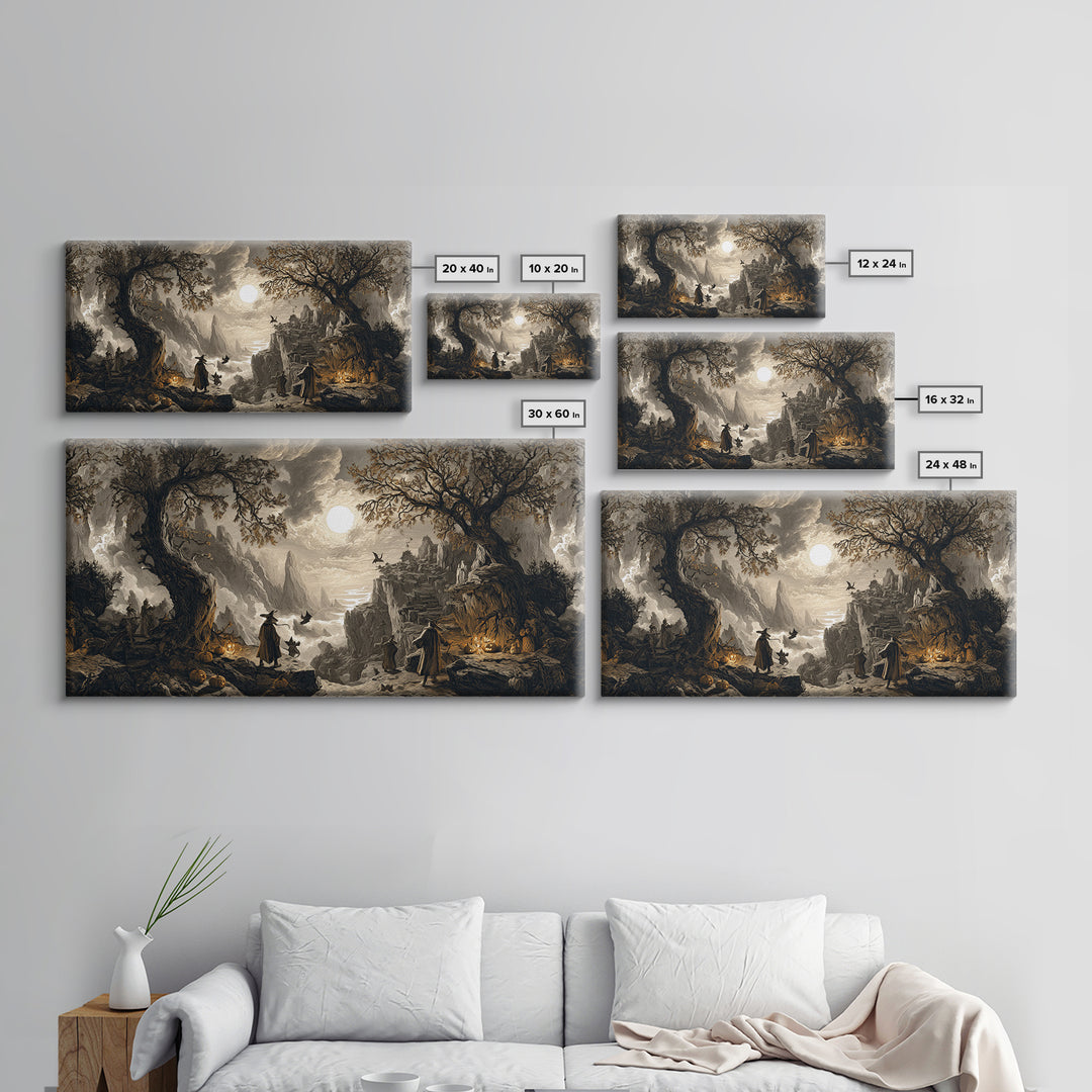 Halloween On Another Planet, Baroque Witchcraft Art, Wide Panoramic Art, Gothic Horror Wall Art, Framed Canvas Print, Halloween Wall Art