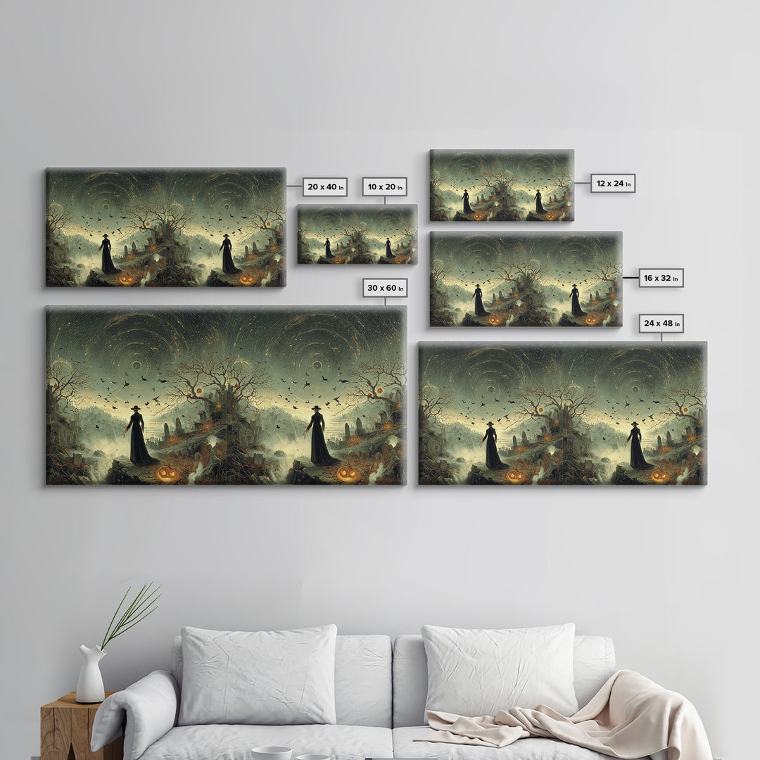 Halloween On Another Planet, Romantic Gothic Landscape, Wide Panoramic Art, Dark Fantasy Wall Art, Framed Canvas Print
