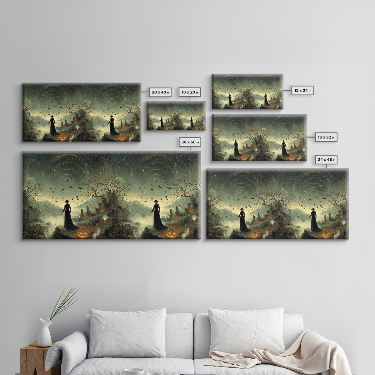 Halloween On Another Planet, Romantic Gothic Landscape, Wide Panoramic Art, Dark Fantasy Wall Art, Framed Canvas Print