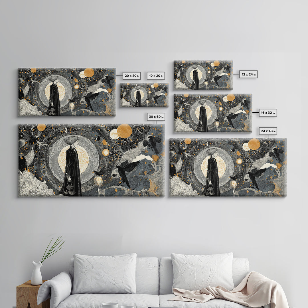 Halloween On Another Planet, Decadent Line Art, Wide Panoramic Art, Gothic Horror Wall Art, Canvas Print, Halloween Wall Art