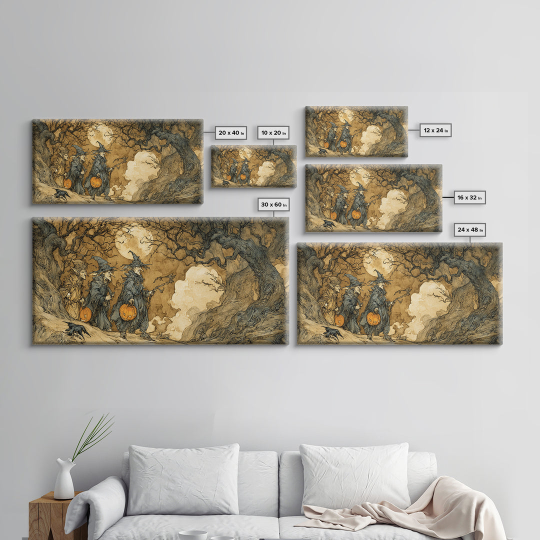 Halloween On Another Planet, Gothic Storybook Art, Wide Panoramic Art, Macabre Wall Art, Canvas Print, Halloween Wall Art