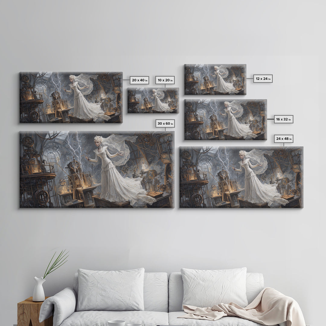 The Stitched Bride Of Thunder Hall, Apocalyptic Romantic Art, Wide Panoramic Art, Dark Fantasy Wall Art, Framed Canvas Print
