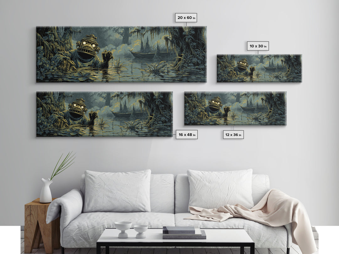 The Creature Of Lantern Lagoon, Gothic Engraving Art, Extra Wide Wall Art, Dark Halloween Decor, Framed Canvas Print