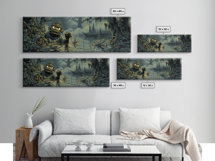 The Creature Of Lantern Lagoon, Gothic Engraving Art, Extra Wide Wall Art, Dark Halloween Decor, Framed Canvas Print