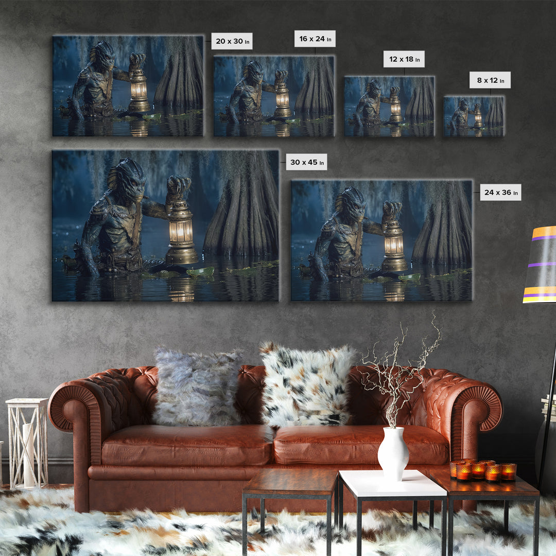 The Creature Of Lantern Lagoon, Symbolist Gothic Landscape, Landscape Wall Art, Gothic Horror Wall Art, Framed Canvas Print