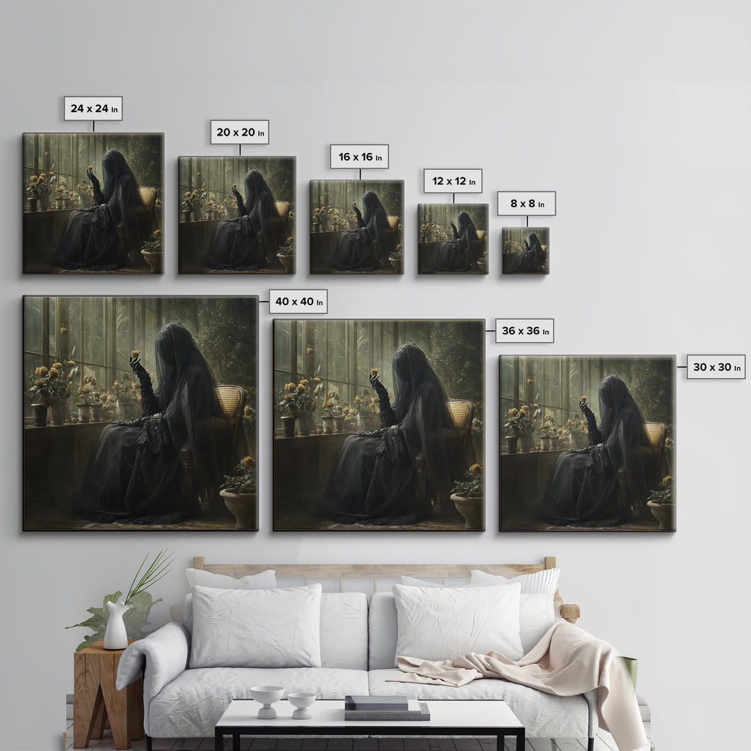 The Invisible Mourner Of Glass House, Gothic Engraving Art, Square Wall Art, Macabre Wall Art, Canvas Print, Halloween Wall Art