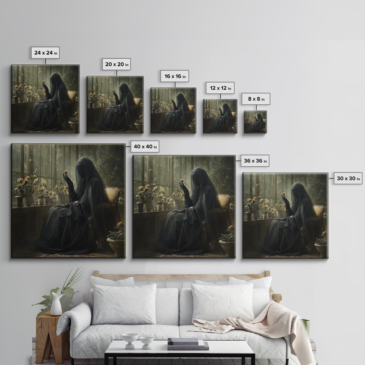 The Invisible Mourner Of Glass House, Gothic Engraving Art, Square Wall Art, Macabre Wall Art, Canvas Print, Halloween Wall Art