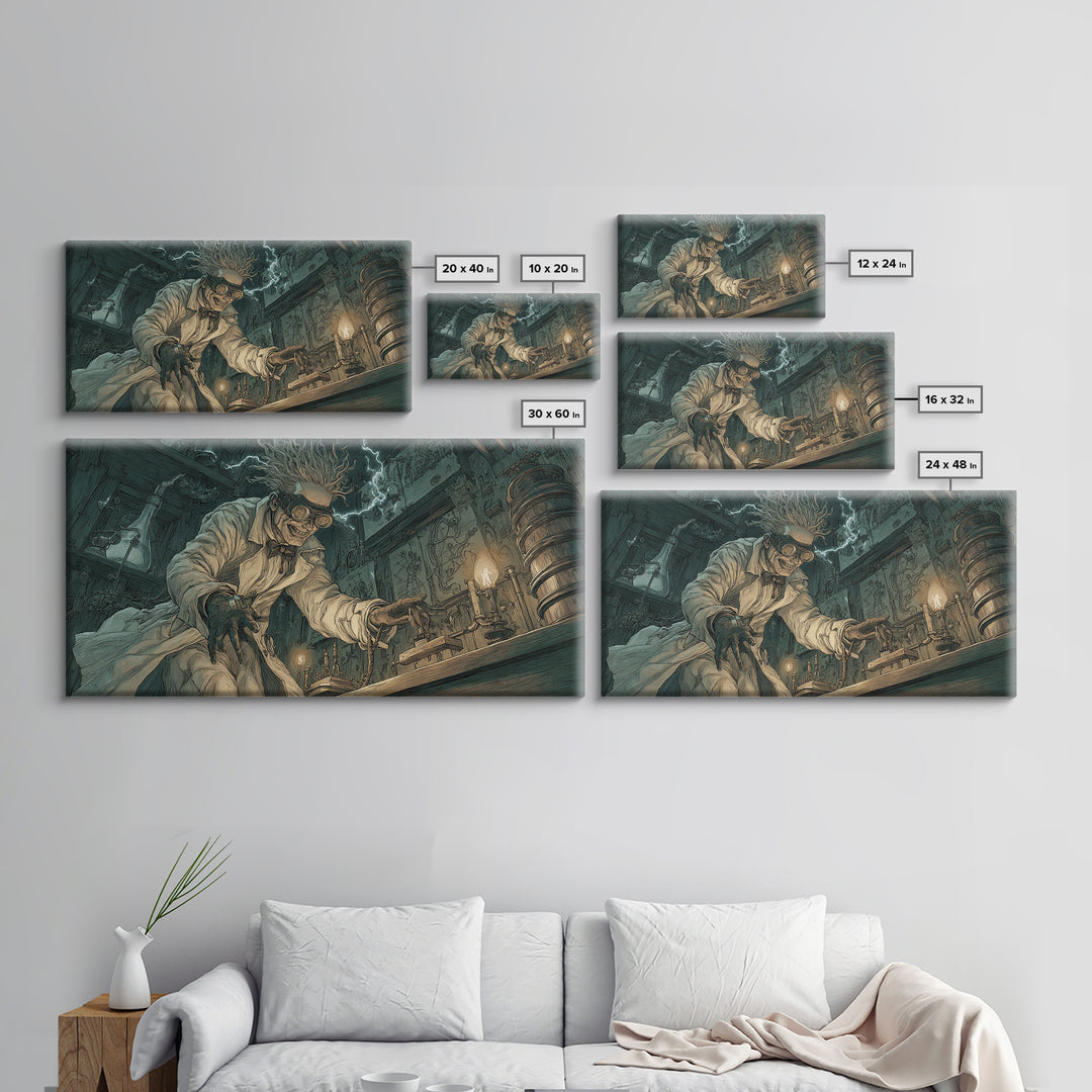 Doctor Vesper'S Resurrection Engine, Expressionist Nightmare Art, Wide Panoramic Art, Gothic Horror Wall Art, Framed Canvas Print