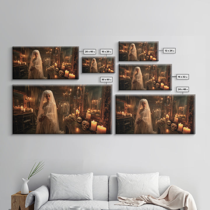 The Wax Bride Of Mourning Hall, Grotesque Carnival Art, Wide Panoramic Art, Gothic Horror Wall Art, Canvas Print, Halloween Wall Art