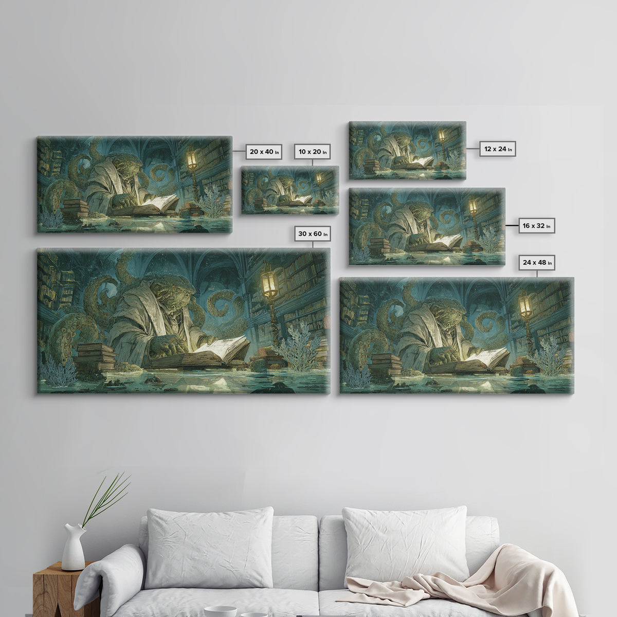 The Librarian Of Forbidden Tides, Expressionist Nightmare Art, Wide Panoramic Art, Macabre Wall Art, Canvas Print, Halloween Wall Art