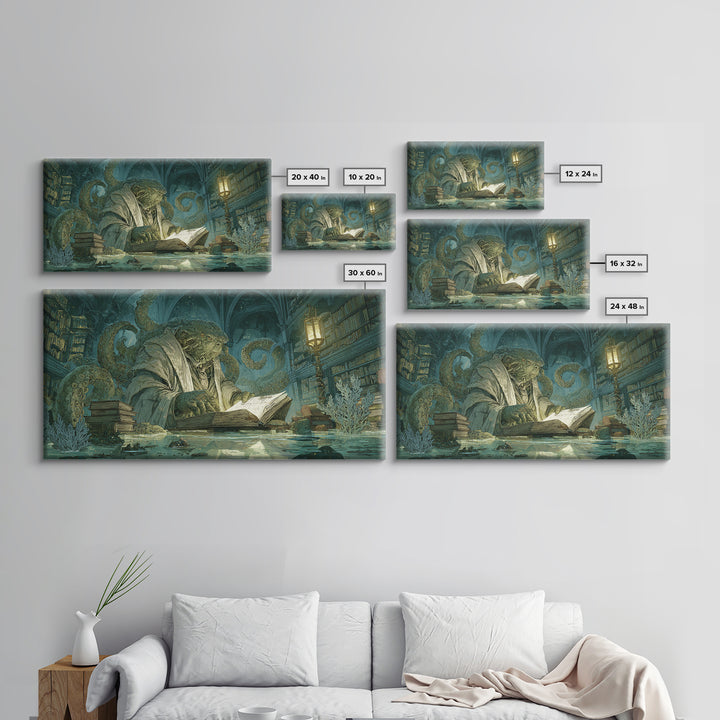 The Librarian Of Forbidden Tides, Expressionist Nightmare Art, Wide Panoramic Art, Macabre Wall Art, Canvas Print, Halloween Wall Art