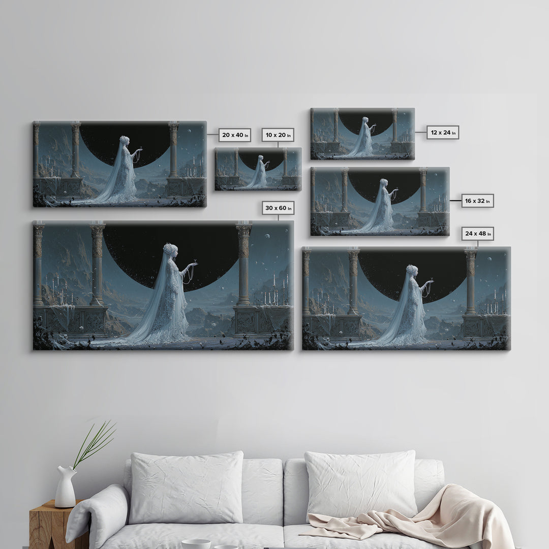 The Bride Of The Abyssal Moon, Apocalyptic Romantic Art, Wide Panoramic Art, Cosmic Horror Art, Canvas Print, Halloween Wall Art