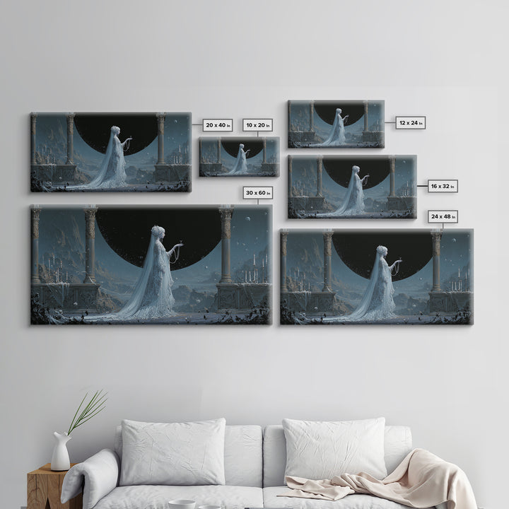 The Bride Of The Abyssal Moon, Apocalyptic Romantic Art, Wide Panoramic Art, Cosmic Horror Art, Canvas Print, Halloween Wall Art