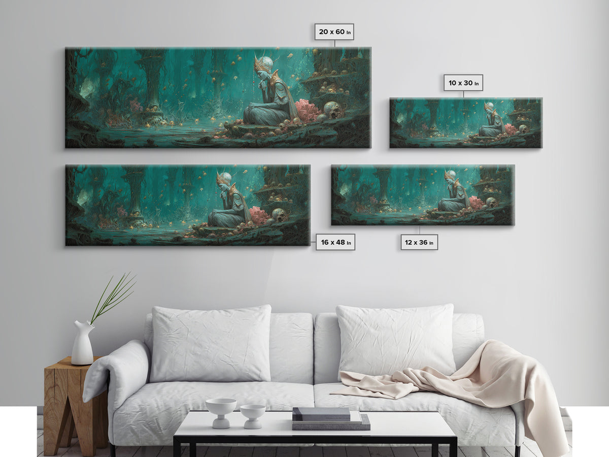 The Watcher In The Coral Throne, Gothic Storybook Art, Extra Wide Wall Art, Gothic Horror Wall Art, Canvas Print, Halloween Wall Art