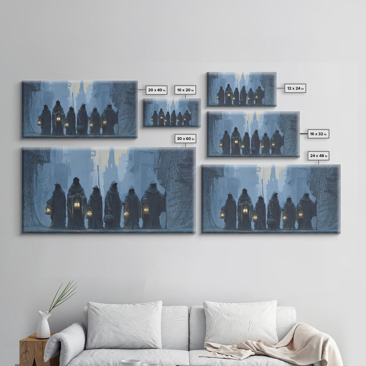 The Innsmouth Lantern Procession, Gothic Engraving Art, Wide Panoramic Art, Gothic Horror Wall Art, Canvas Print, Halloween Wall Art