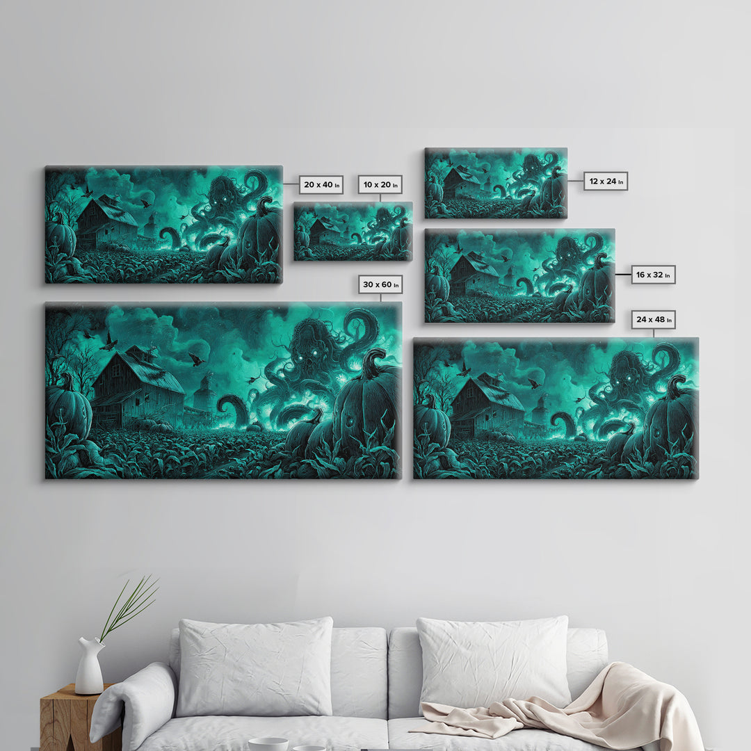 The Harvest Of The Eldritch Field, Biomechanical Horror Art, Wide Panoramic Art, Eldritch Wall Decor, Framed Canvas Print
