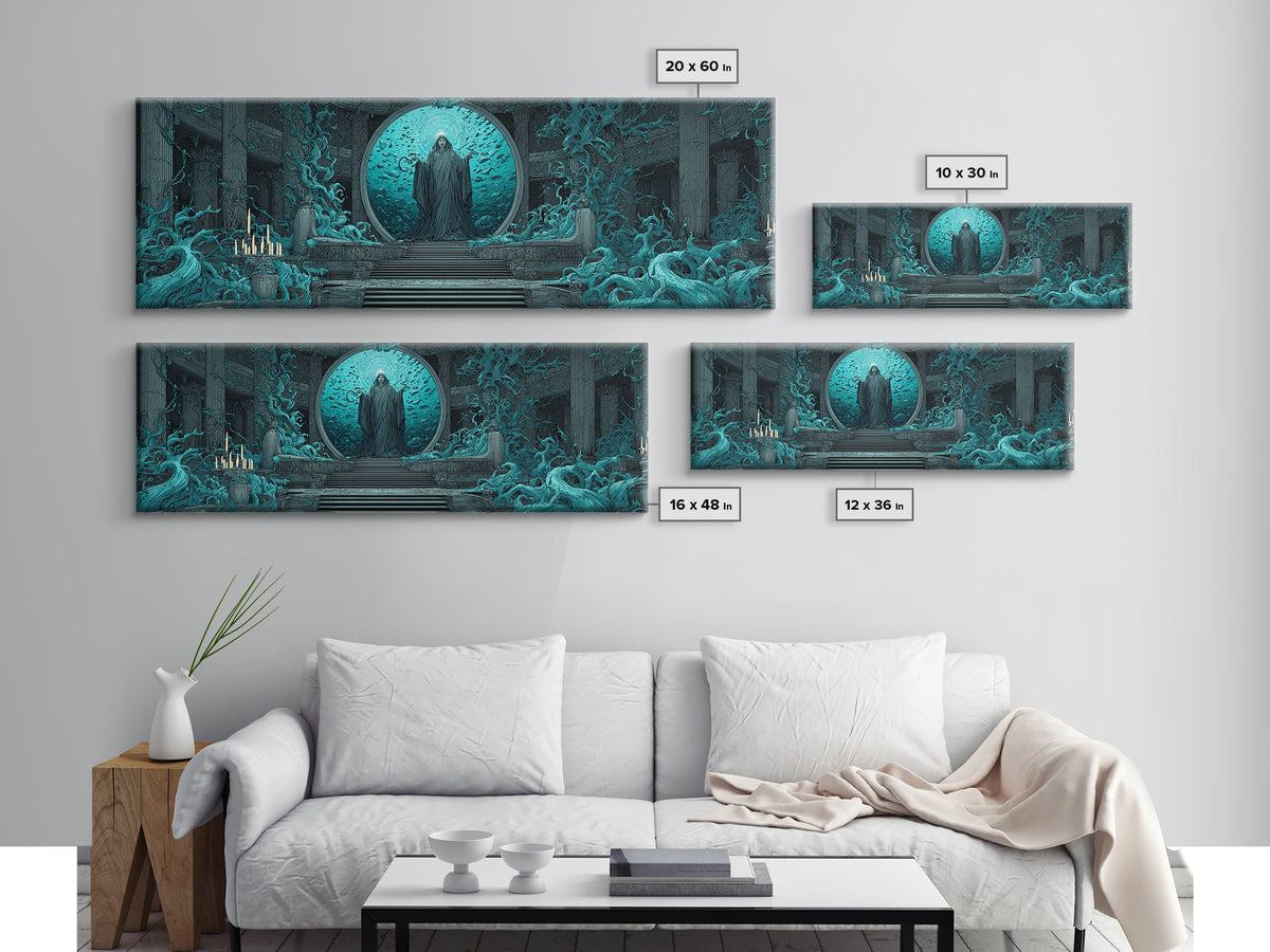 The Oracle Of The Glass Depths, Gothic Storybook Art, Extra Wide Wall Art, Eldritch Wall Decor, Framed Canvas Print, Horror Wall Art