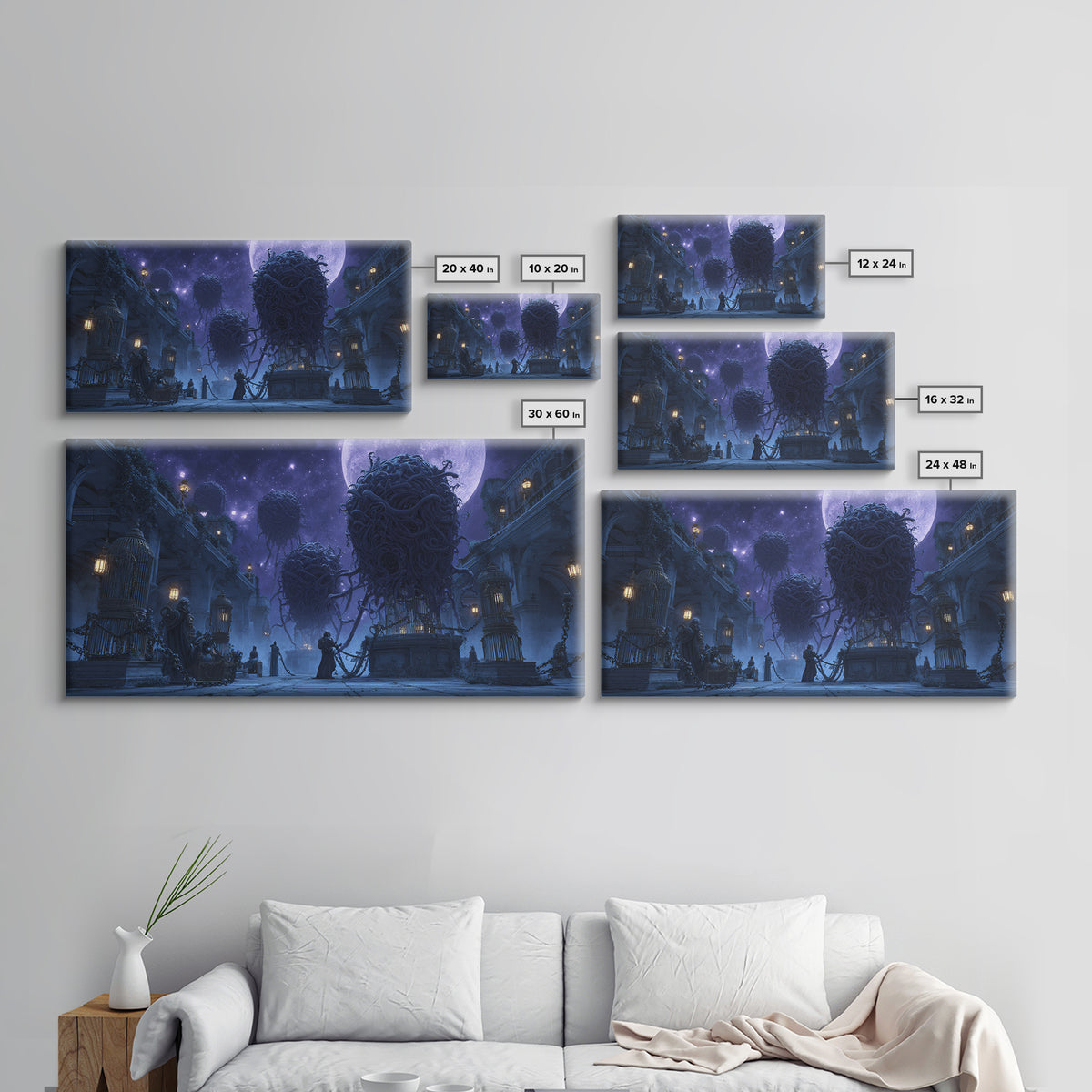 The Moonlit Shoggoth Menagerie, Apocalyptic Romantic Art, Wide Panoramic Art, Lovecraftian Horror Art, Framed Canvas Print, Horror Wall Art