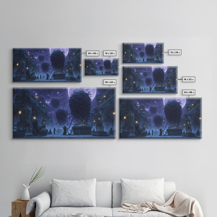 The Moonlit Shoggoth Menagerie, Apocalyptic Romantic Art, Wide Panoramic Art, Lovecraftian Horror Art, Framed Canvas Print, Horror Wall Art