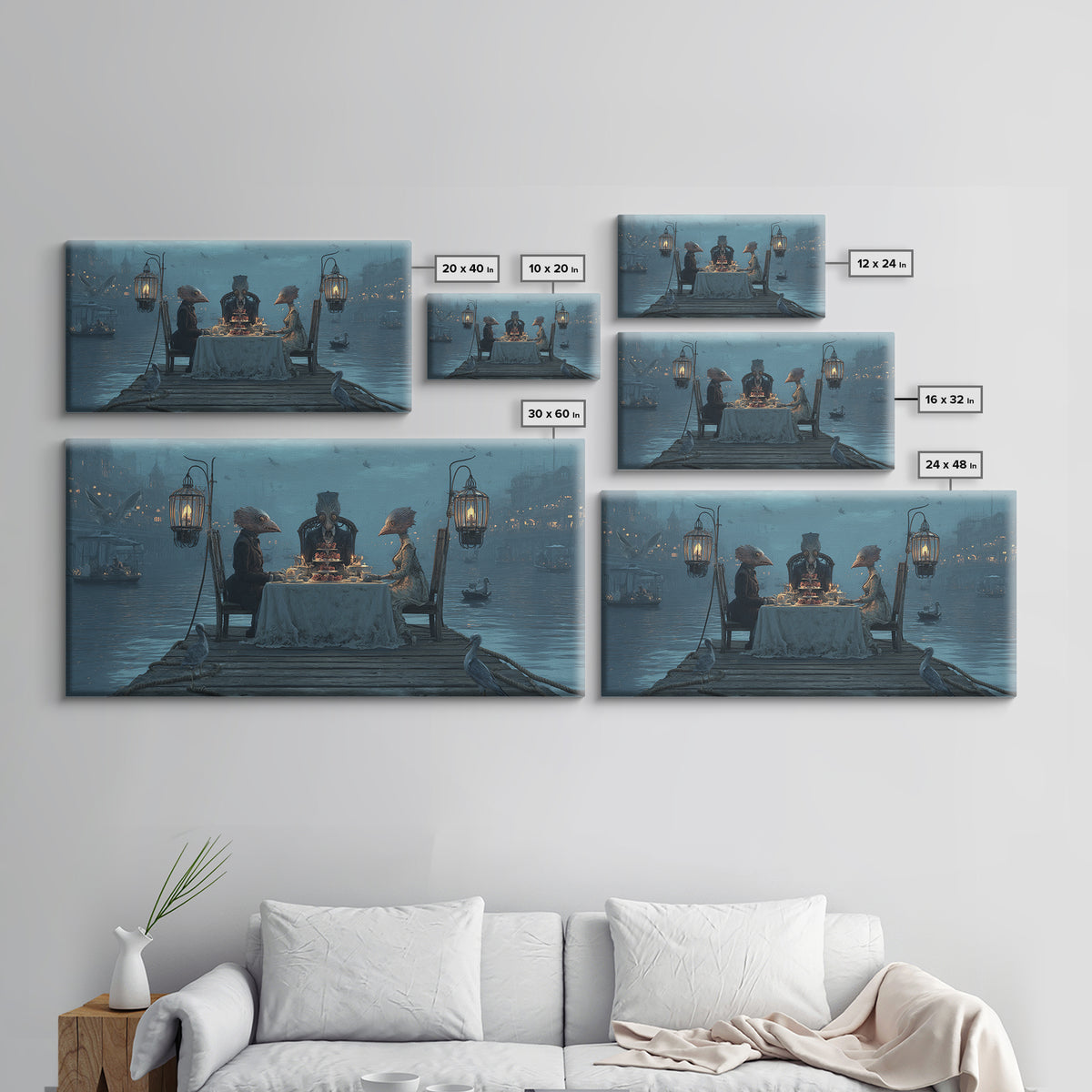 The Tea Party At Innsmouth Pier, Grotesque Carnival Art, Wide Panoramic Art, Dark Fantasy Wall Art, Canvas Print, Halloween Wall Art