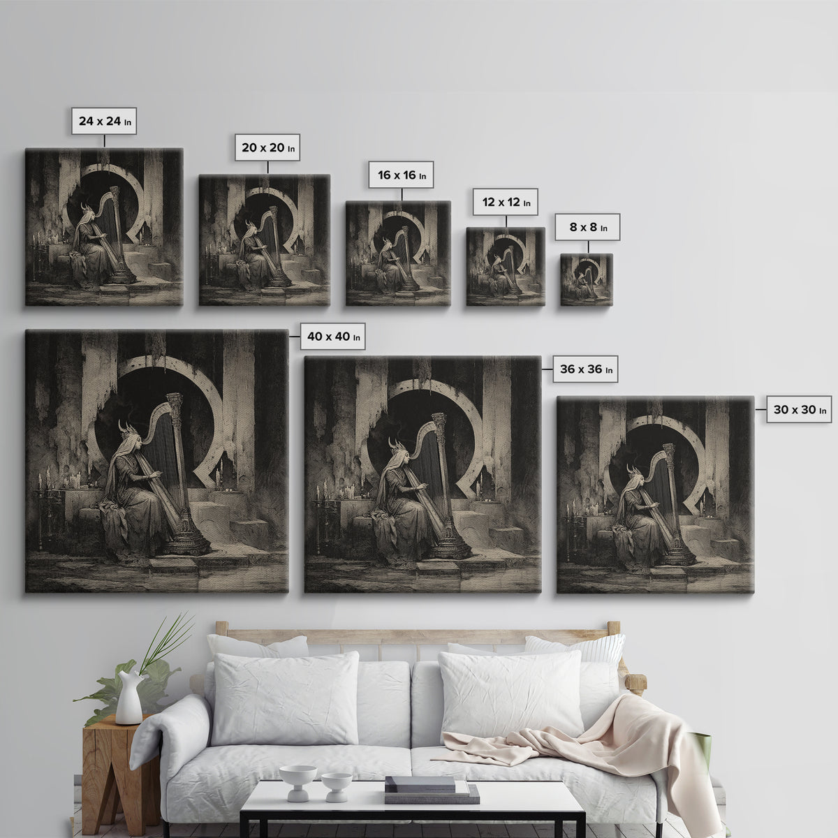 The Harpist Of Abyssal Sleep, Symbolist Dream Art, Square Wall Art, Dark Halloween Decor, Framed Canvas Print, Halloween Wall Art