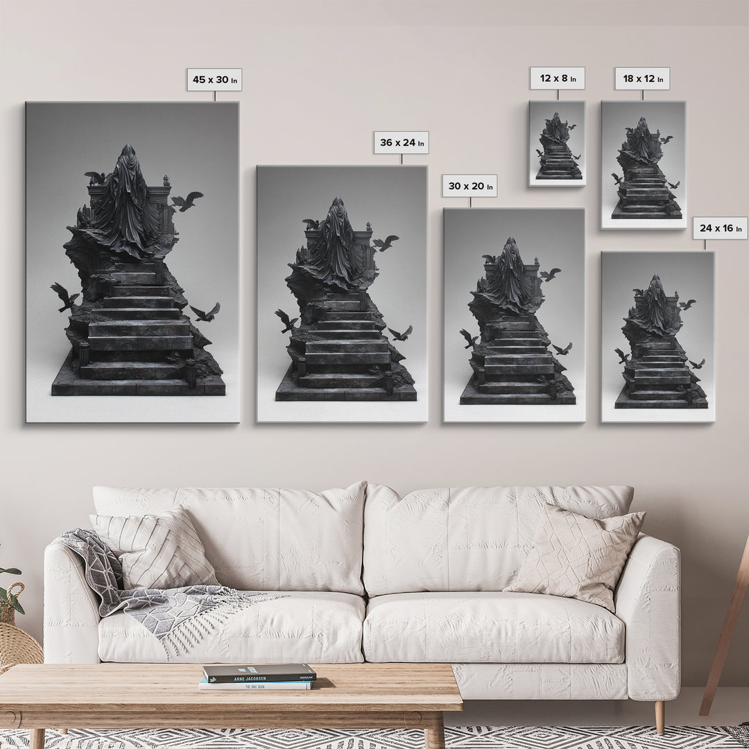 The Raven Sermon Of Leng, Biomechanical Horror Art, Vertical Wall Art, Dark Halloween Decor, Framed Canvas Print, Halloween Wall Art
