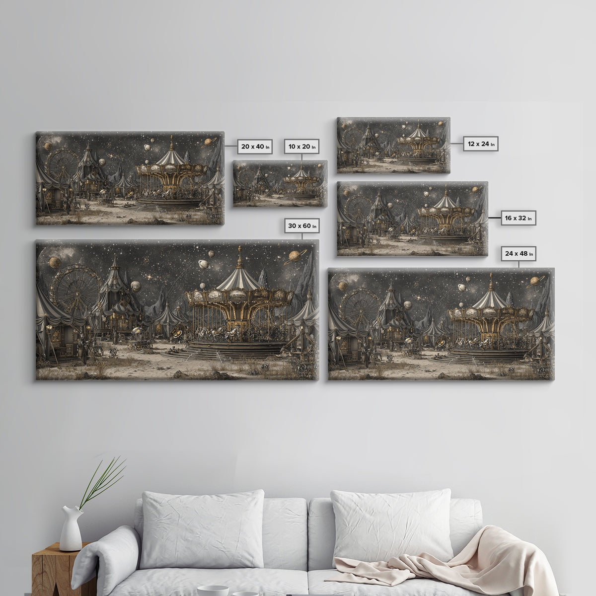 The Carousel Of Sleeping Planets, Apocalyptic Romantic Art, Wide Panoramic Art, Dark Halloween Decor, Framed Canvas Print