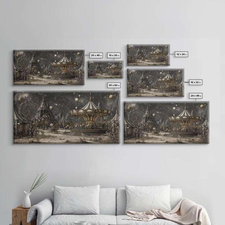 The Carousel Of Sleeping Planets, Apocalyptic Romantic Art, Wide Panoramic Art, Dark Halloween Decor, Framed Canvas Print