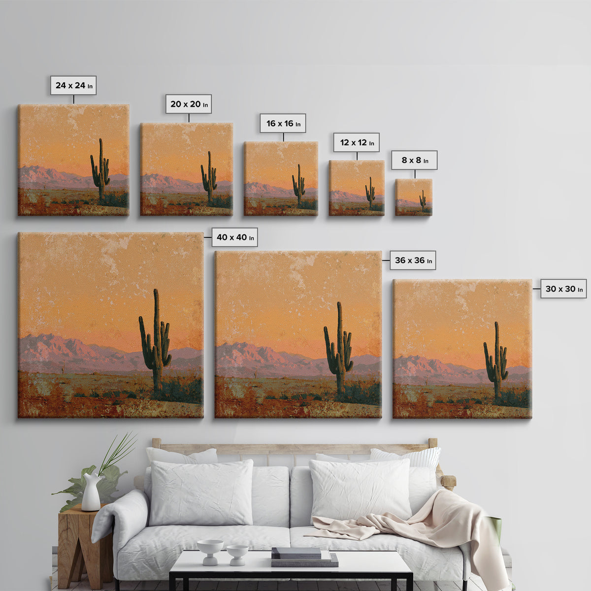 Saguaro Cactus under Orange Sunset Sky Framed Canvas Print, Desert Art, Textured Painting, Southwestern Decor, Fine Art, Desert, DES-1x1-1