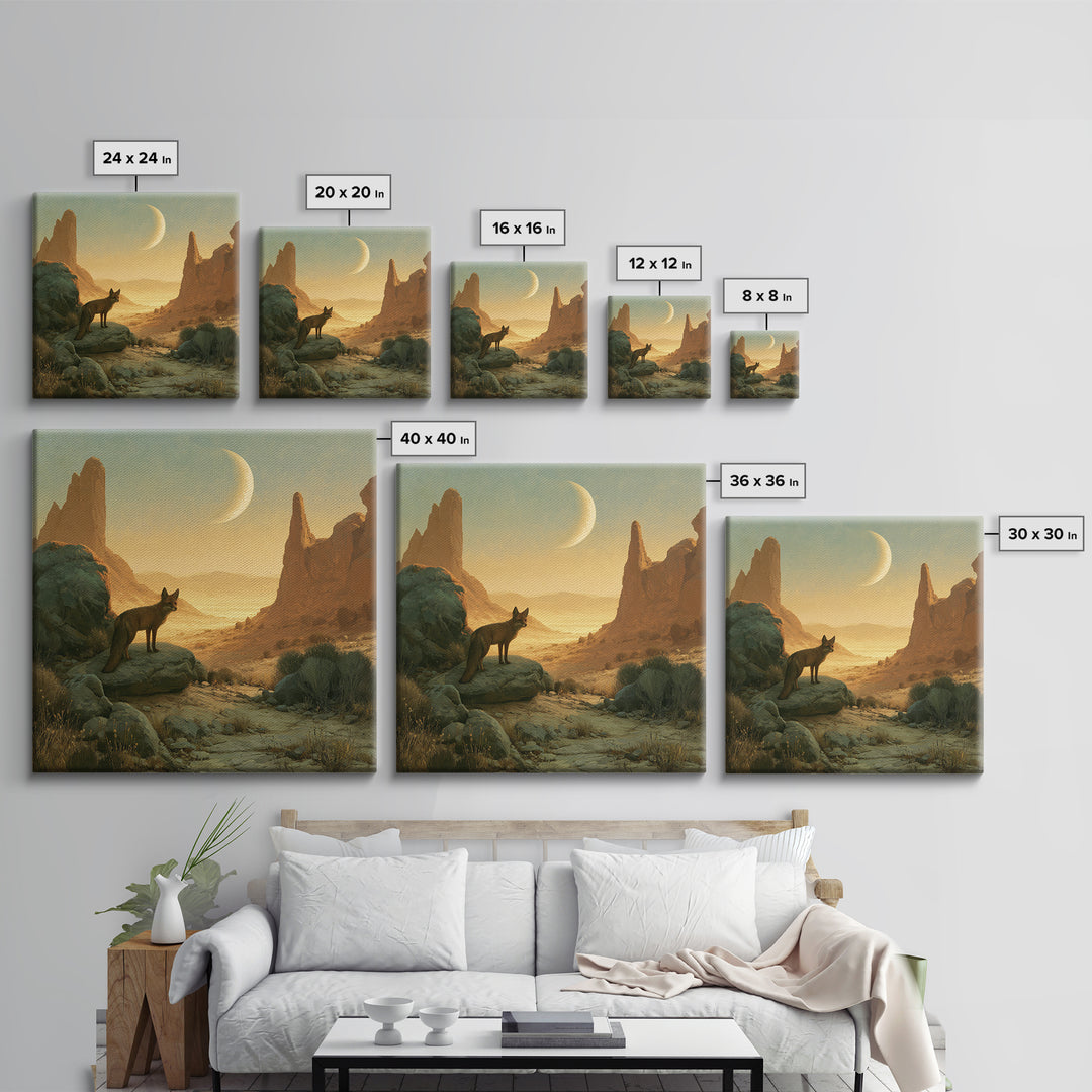 Desert Fox Beneath a Crescent Moon Canvas Print, Desert Art, Luxury Decor, Southwestern Decor, Fine Art, Desert, DES-1x1-17