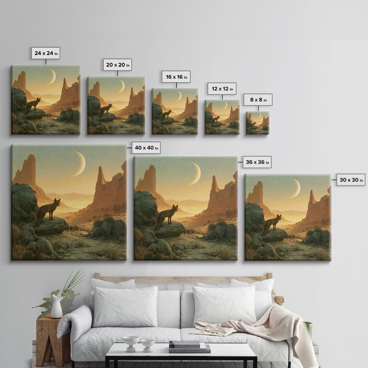 Desert Fox Beneath a Crescent Moon Canvas Print, Desert Art, Luxury Decor, Southwestern Decor, Fine Art, Desert, DES-1x1-17