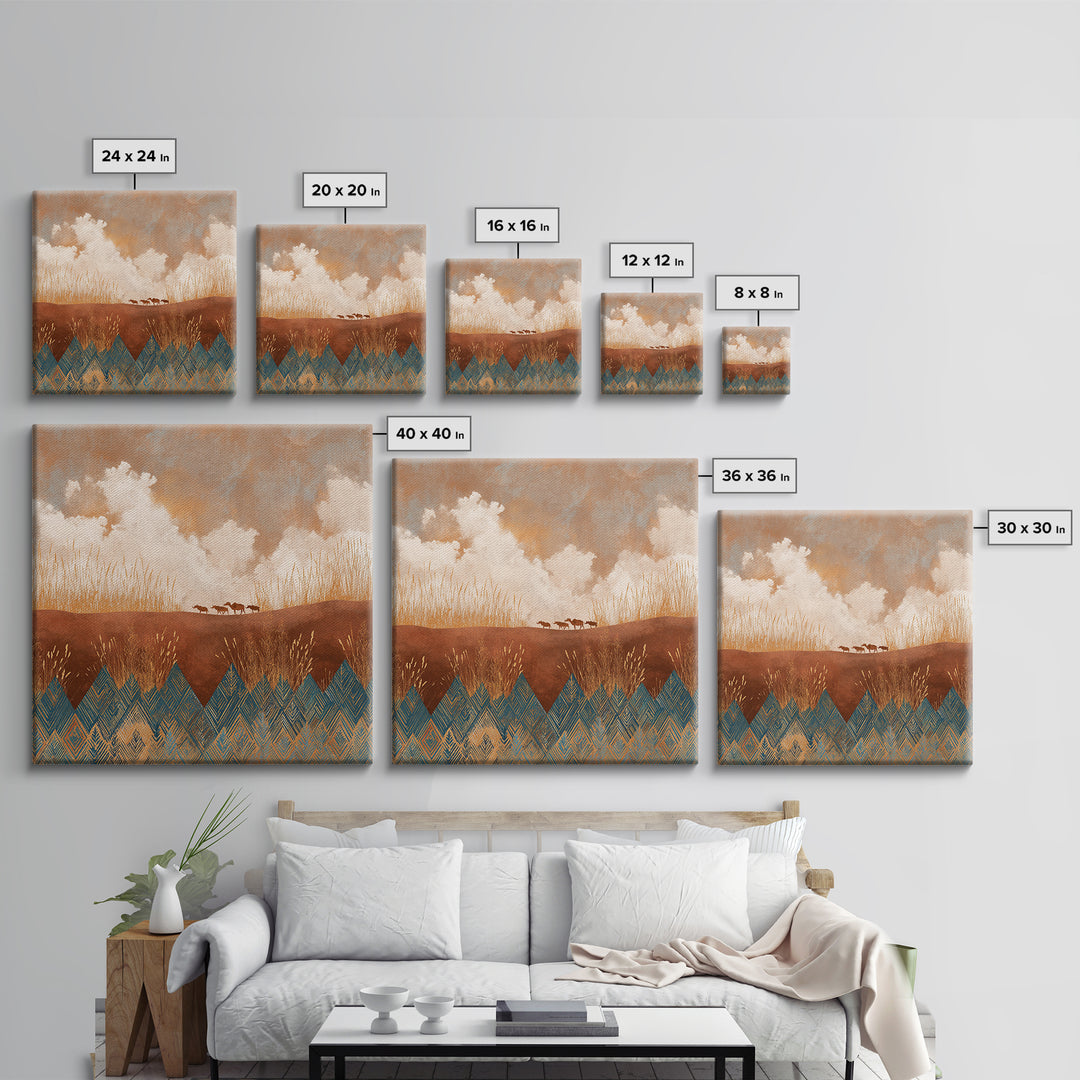 Saharan Dunes with Tiny Caravan Silhouettes Framed Canvas Print, Desert Art, Colorful Wall Art, Southwestern Decor, DES-1x1-2
