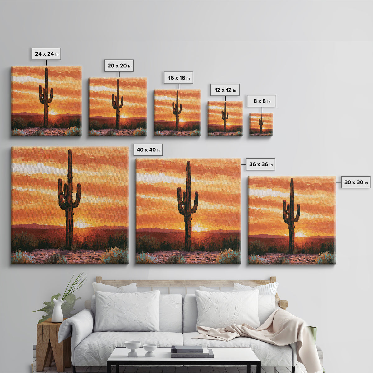 Saguaro Cactus under Orange Sunset Sky Canvas Print, Desert Art, Wall Decor, Southwestern Decor, Desert, Living Room Decor, DES-1x1-25