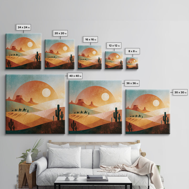 Saharan Dunes with Tiny Caravan Silhouettes Canvas Print, Desert Art, Neutral Decor, Southwestern Decor, Fine Art, Desert, DES-1x1-26