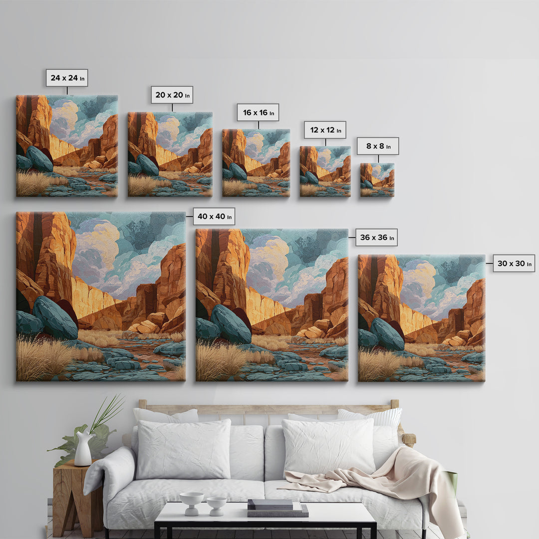 Sandstone Canyon with Dramatic Light Beam Framed Canvas Print, Desert Art, Textured Painting, Southwestern Decor, Desert, DES-1x1-40