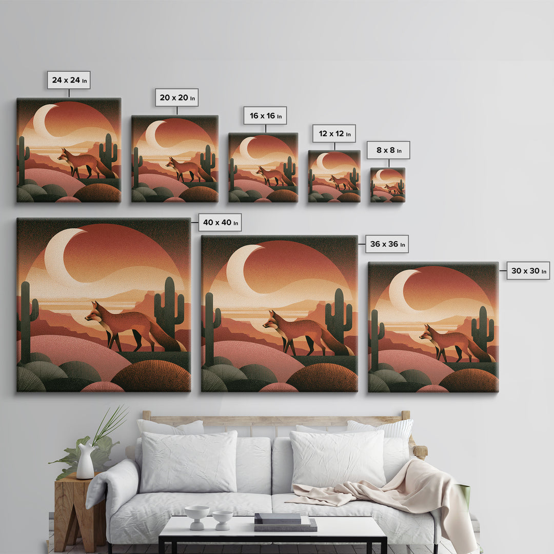 Desert Fox Beneath a Crescent Moon Framed Canvas Print, Desert Art, Wall Art, Southwestern Decor, Oil Painting, Desert, DES-1x1-41