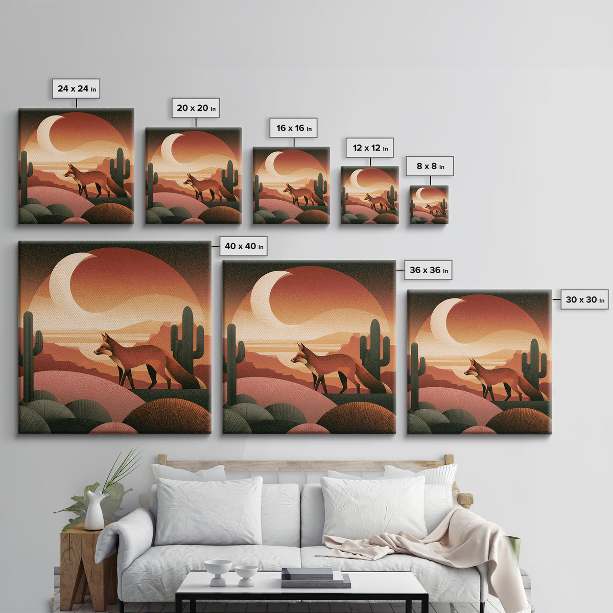 Desert Fox Beneath a Crescent Moon Framed Canvas Print, Desert Art, Wall Art, Southwestern Decor, Oil Painting, Desert, DES-1x1-41