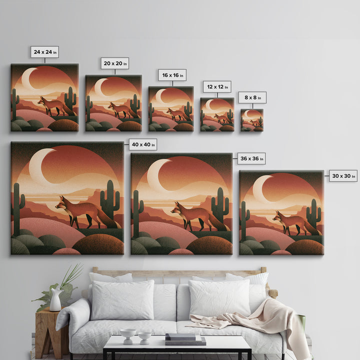 Desert Fox Beneath a Crescent Moon Framed Canvas Print, Desert Art, Wall Art, Southwestern Decor, Oil Painting, Desert, DES-1x1-41
