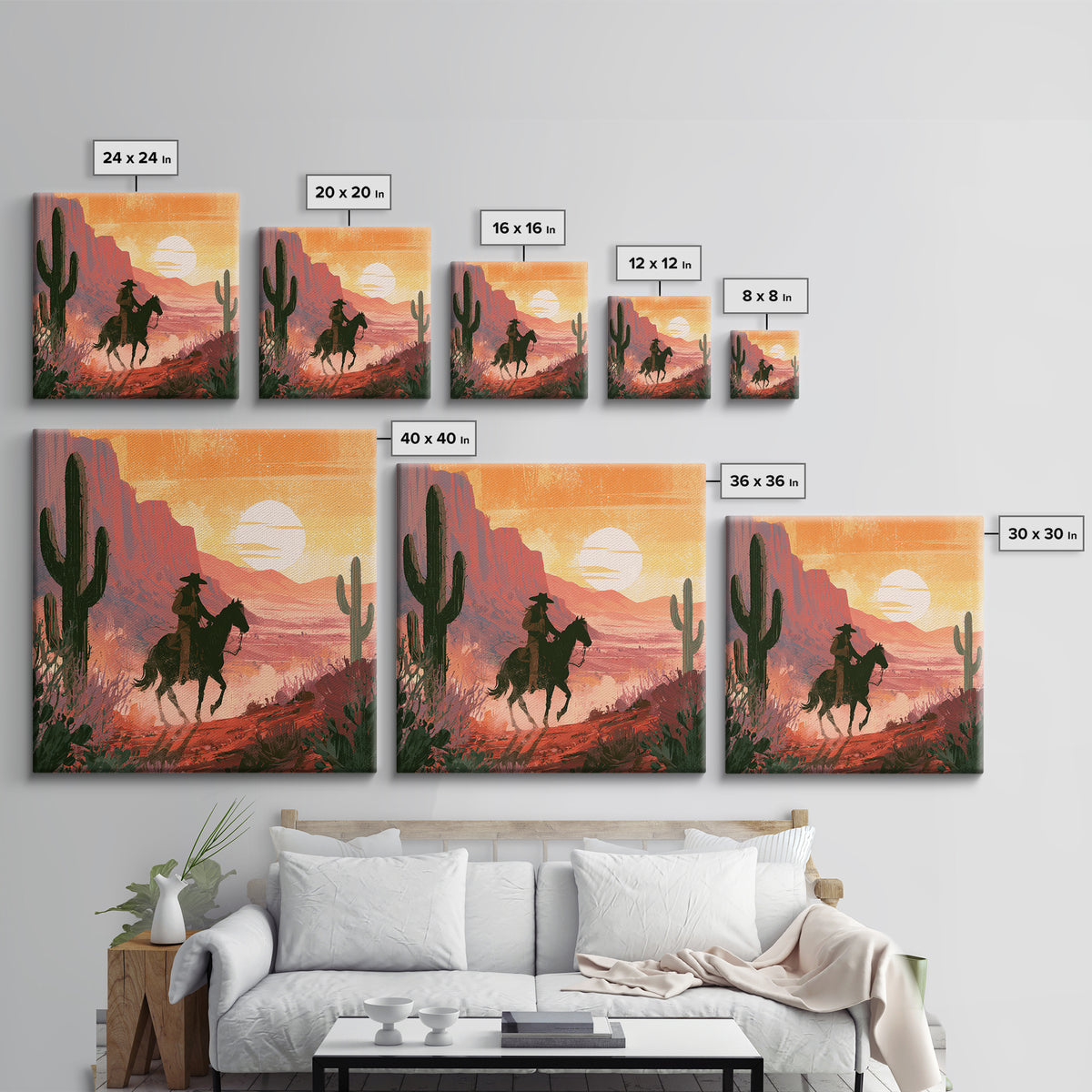 Dusty Horseback Rider at Sunset Framed Canvas Print, Desert Art, Modern Wall Art, Southwestern Decor, Fine Art, Desert, DES-1x1-47