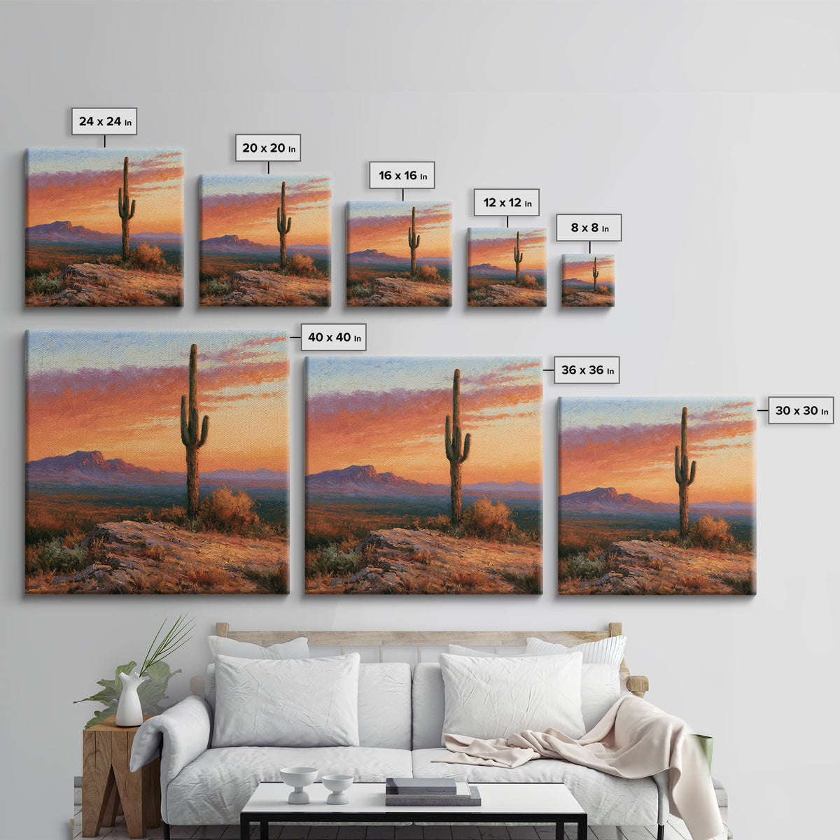 Saguaro Cactus under Orange Sunset Sky Canvas Print, Desert Art, Wall Decor, Southwestern Decor, Desert, Living Room Decor, DES-1x1-49