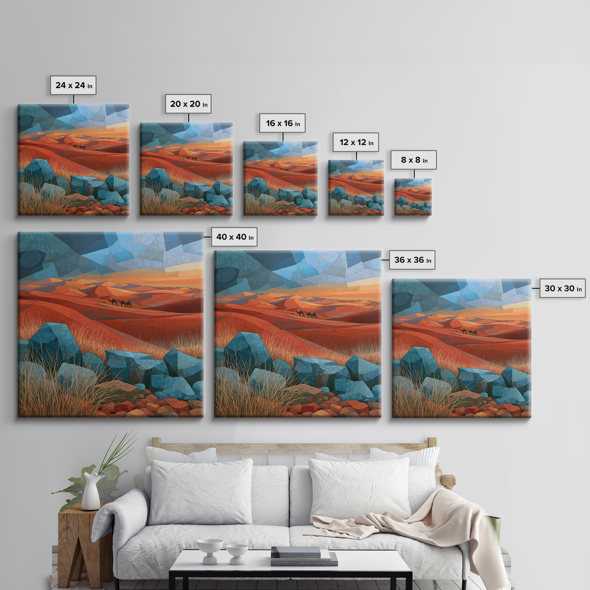 Saharan Dunes with Tiny Caravan Silhouettes Canvas Print, Desert Art, Neutral Decor, Southwestern Decor, Fine Art, Desert, DES-1x1-50