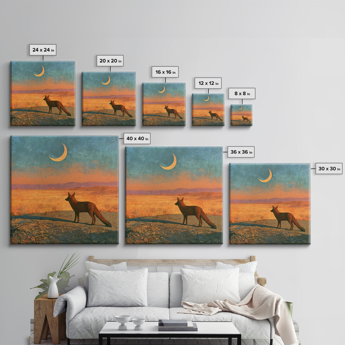 Desert Fox Beneath a Crescent Moon Framed Canvas Print, Desert Art, Wall Art, Southwestern Decor, Oil Painting, Desert, DES-1x1-65
