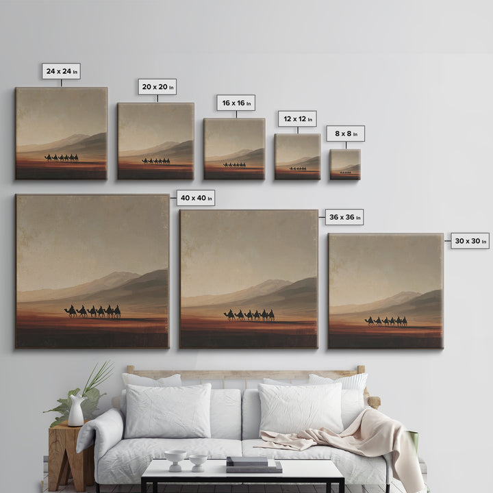 Camel Caravan Crossing Golden Dunes Framed Canvas Print, Desert Art, Living Room Decor, Southwestern Decor, Oil Painting, DES-1x1-7