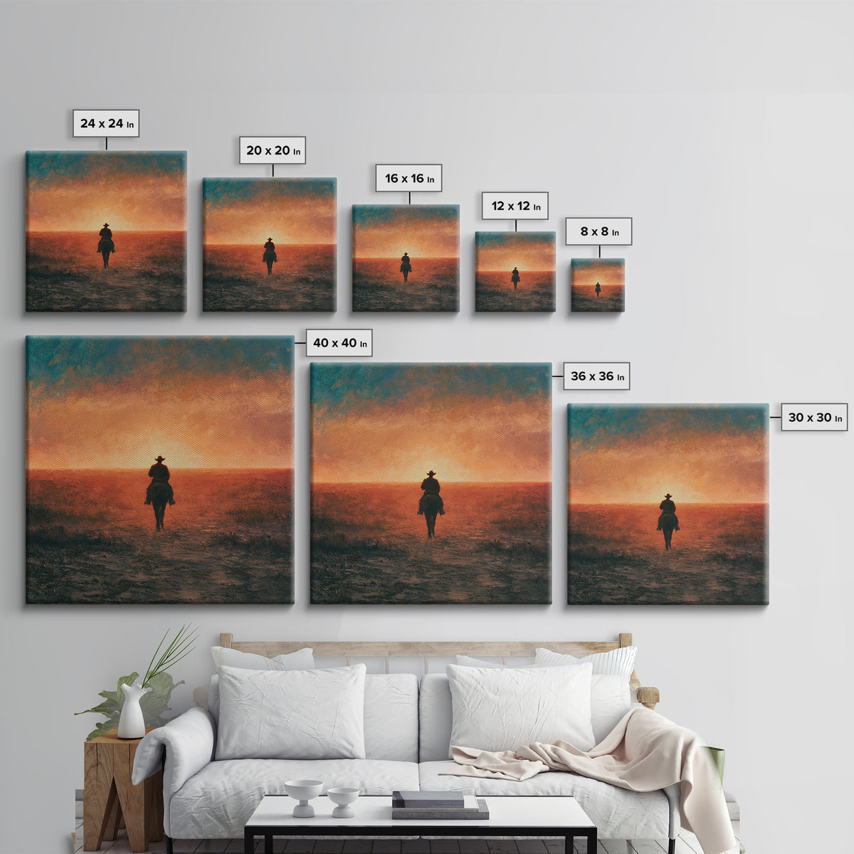 Dusty Horseback Rider at Sunset Framed Canvas Print, Desert Art, Nature Wall Art, Southwestern Decor, Fine Art, Desert, DES-1x1-71