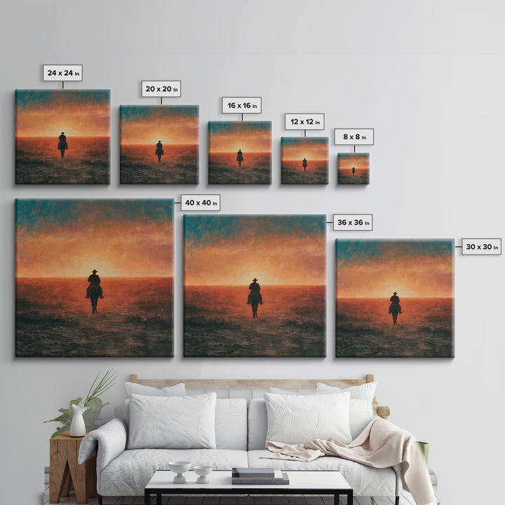 Dusty Horseback Rider at Sunset Framed Canvas Print, Desert Art, Nature Wall Art, Southwestern Decor, Fine Art, Desert, DES-1x1-71