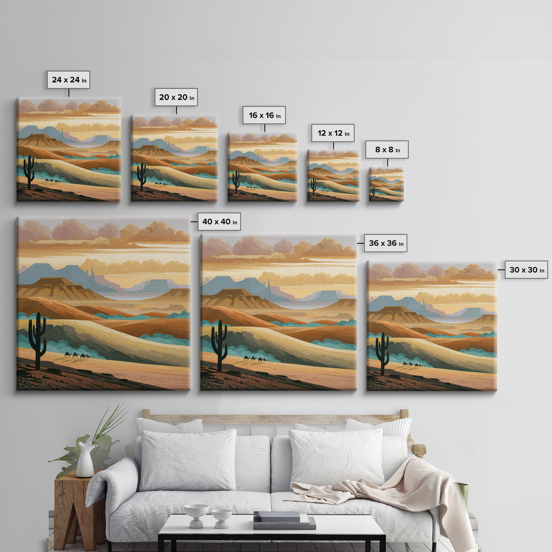 Saharan Dunes with Tiny Caravan Silhouettes Framed Canvas Print, Desert Art, Art Print, Southwestern Decor, Fine Art, Desert, DES-1x1-74